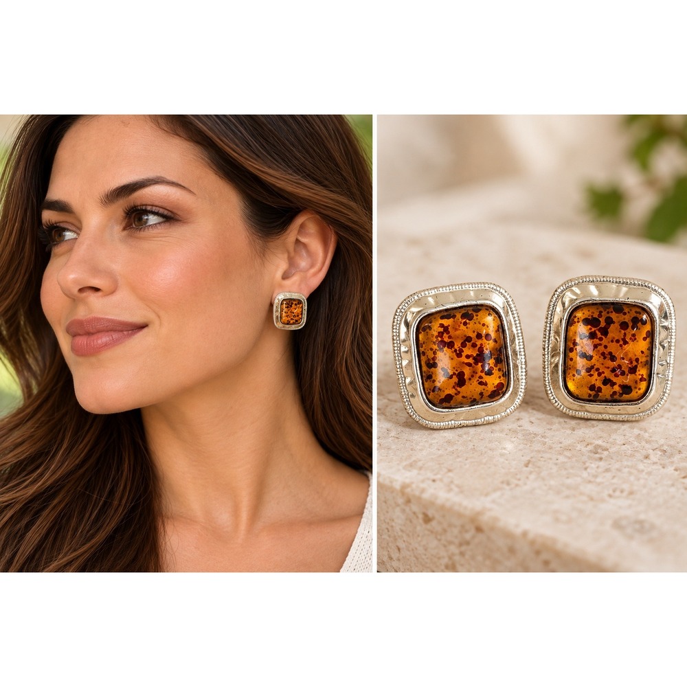 Vintage Amber Silver Tone Clip On Earrings Womens Faux Tortoise Rectangle